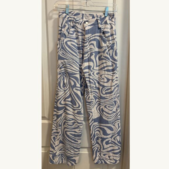 The Native One Swirl Print Pants Blue White Size Small Wide Leg Retro - Picture 1 of 10